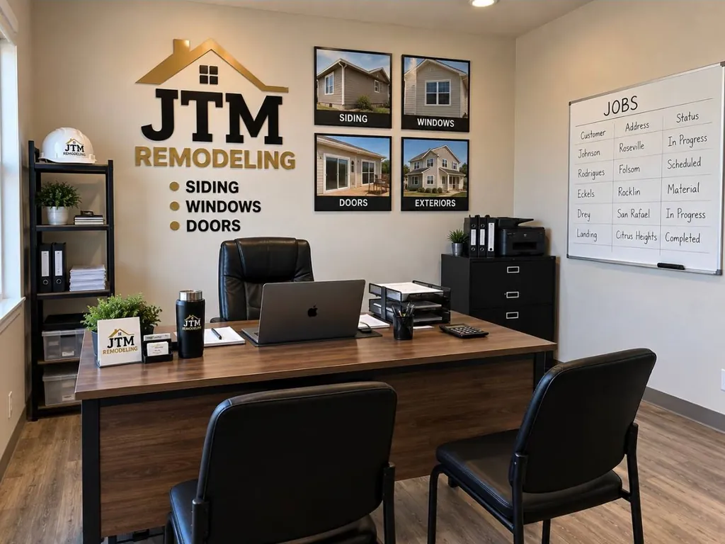 JTM Remodeling office with a project board and the company logo on the wall