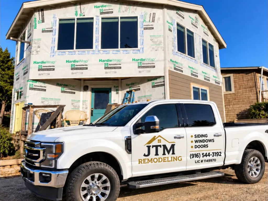 JTM Remodeling work truck at a home wrapped in weather barrier during a siding project
